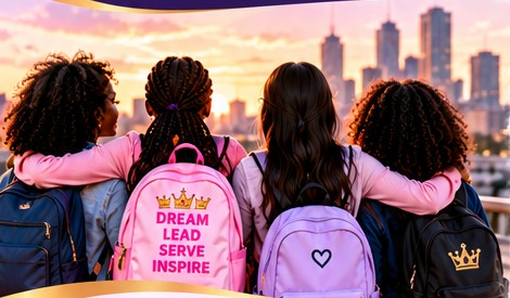Girls with backpacks walking arm in arm toward a city skyline