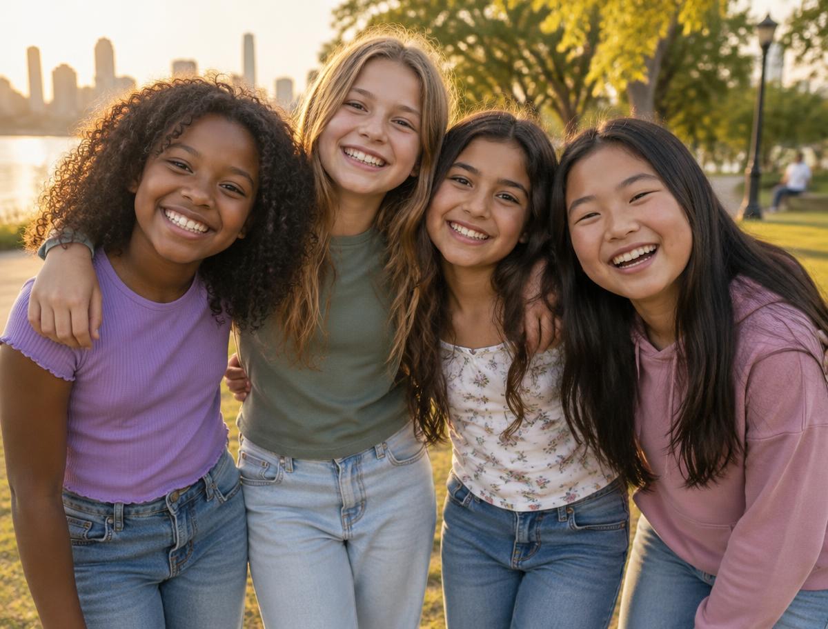 Four diverse girls smiling and hugging outdoors at sunset